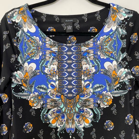 Alfani Boho Paisley Long Sleeve Scoop‎ Neck Knee Length Dress Black Women's XS - Picture 3 of 11